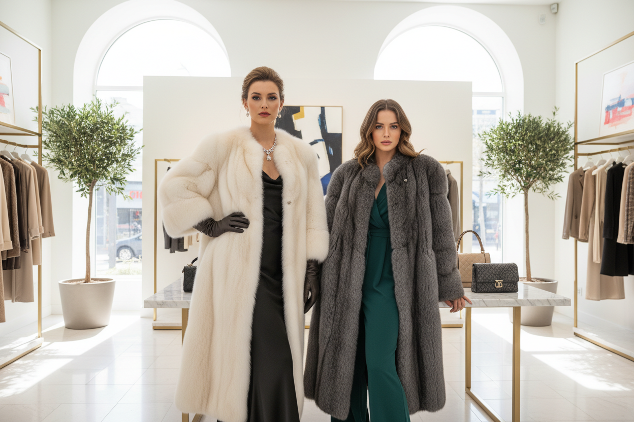 Créer une image de deux mannequins femmes portant des manteaux en fourrure 